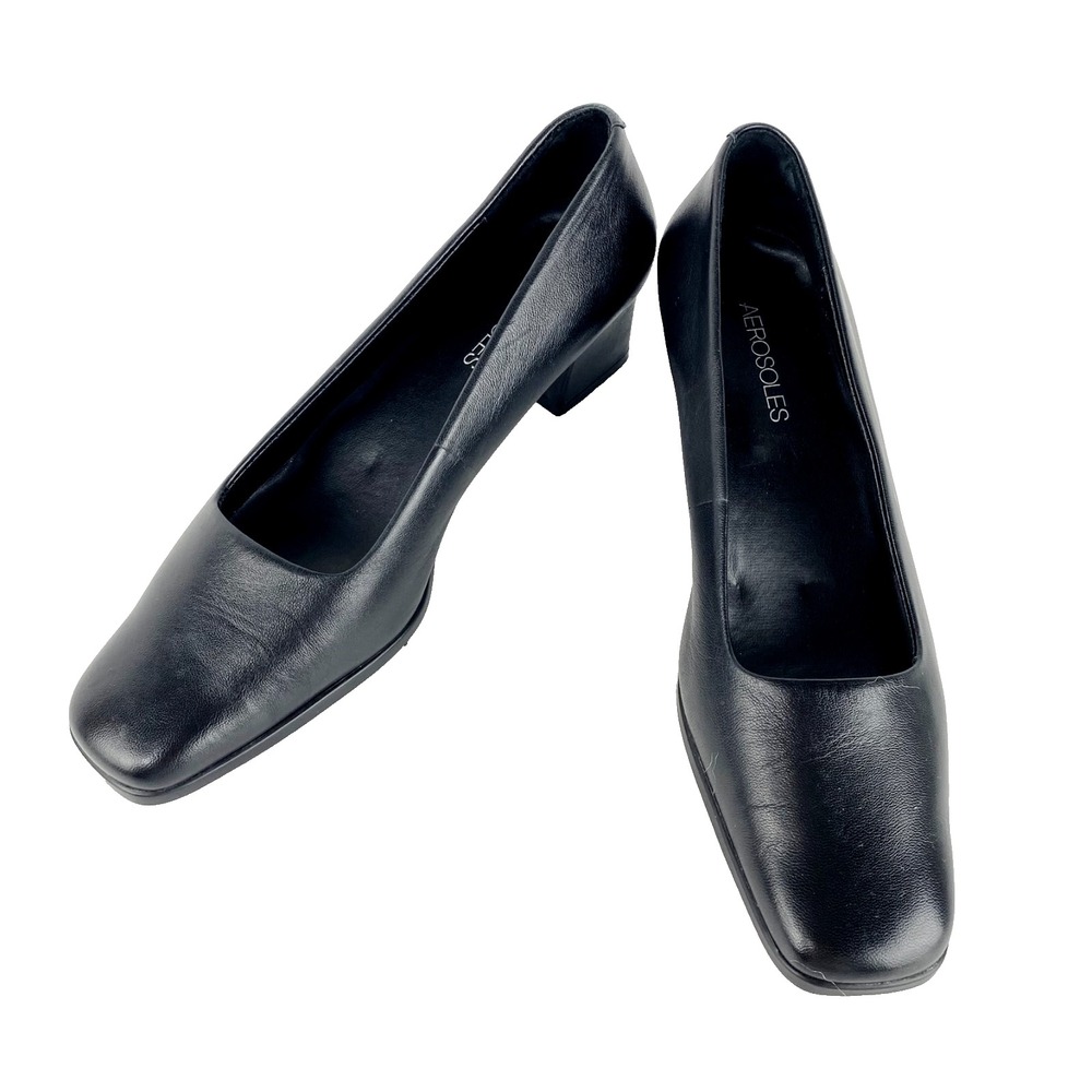 Aerosoles Leather Pumps Women's 8.5 B Black Slip On Heels Comfort Shoes 2" Heels